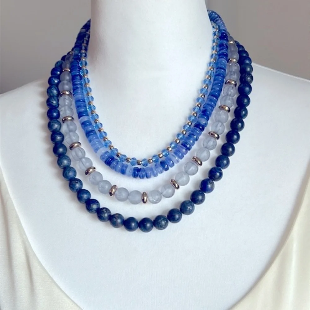 Loft Women’s Statement Multi-Strand Layered Blue and Gold Beaded Necklace